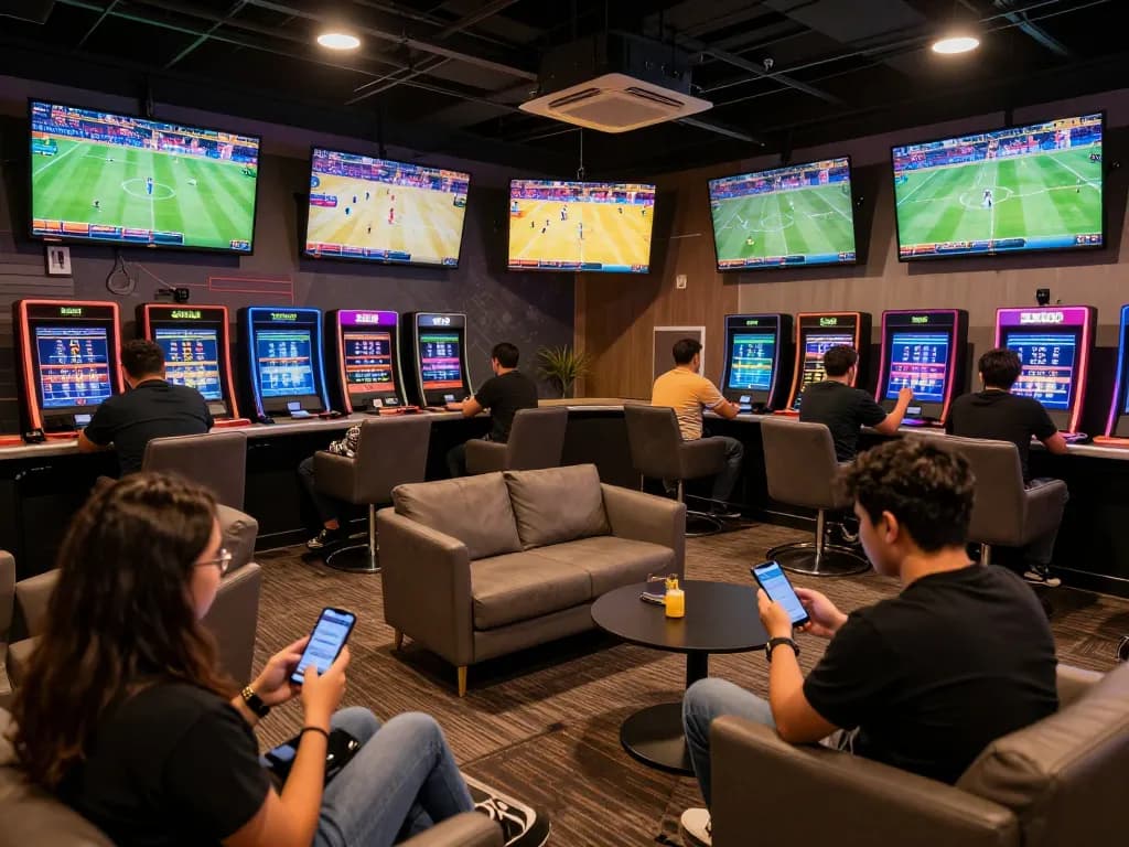 Bettors actively engaging in sports betting at BJ88, showcasing dynamic screens and excitement in a modern lounge.