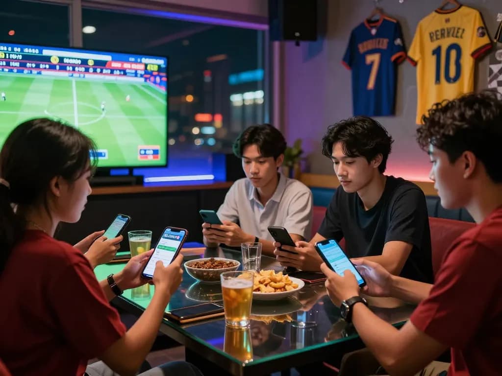 Friends enthusiastically discussing keo nha cai during live sports event in modern lounge.