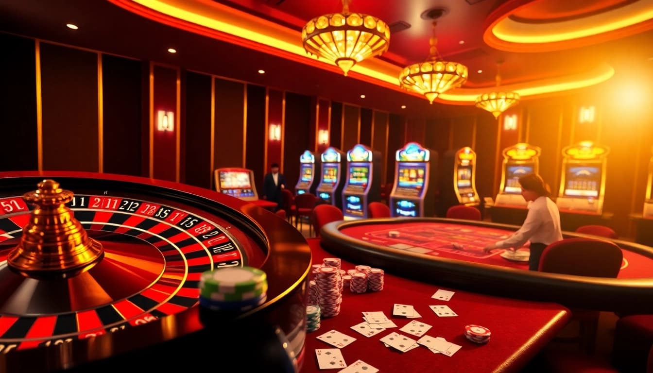 Exciting gameplay at hello88 with poker chips and roulette wheel in a vibrant casino setting.