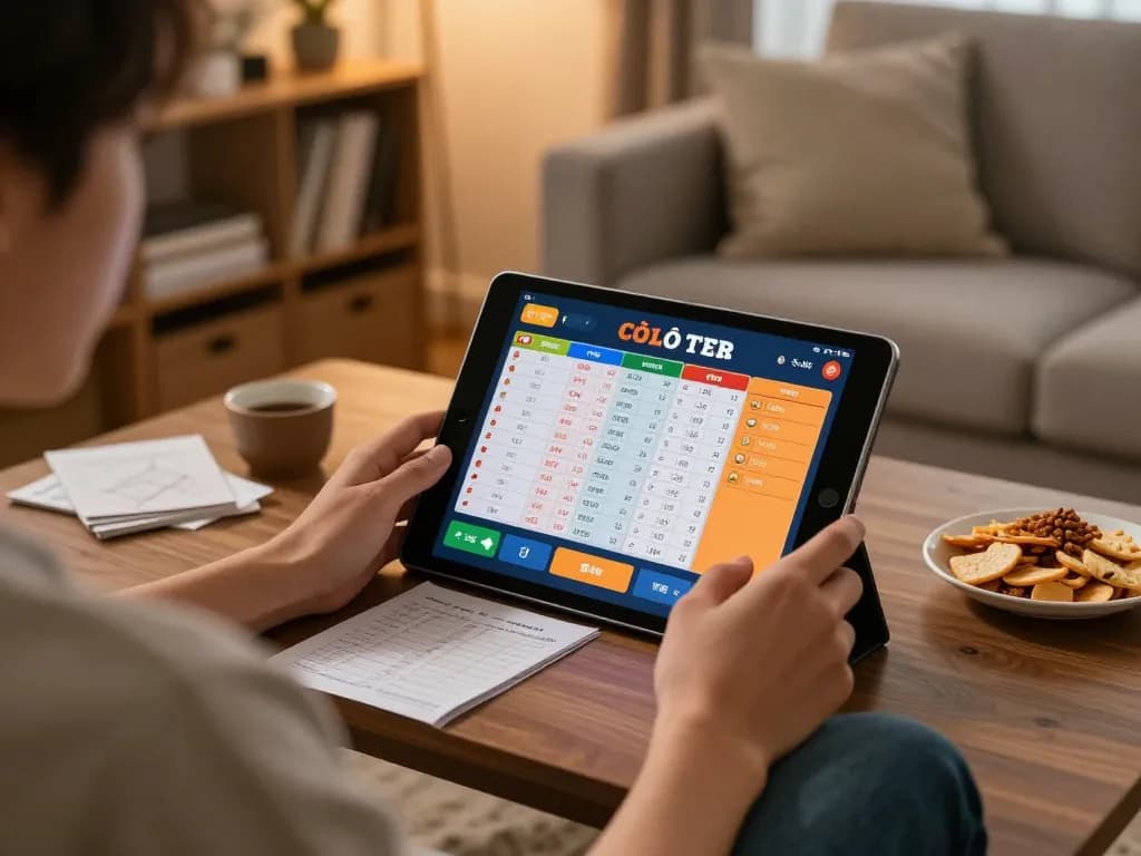Engaging in lô đề online game on a tablet in a cozy living room setting, showcasing interactive gameplay.