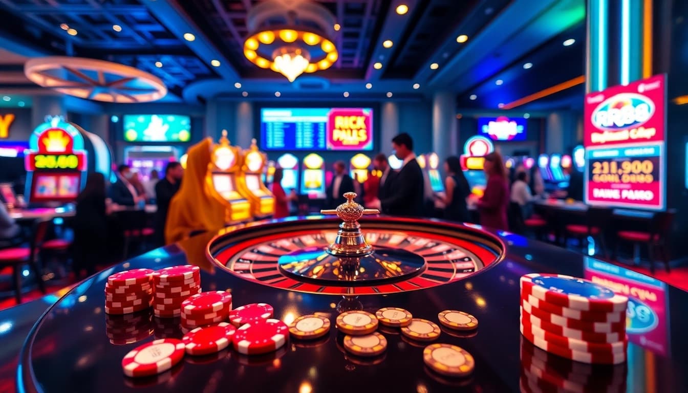 Experience thrilling gambling action at RR88's casino with roulette tables and vibrant slot machines.