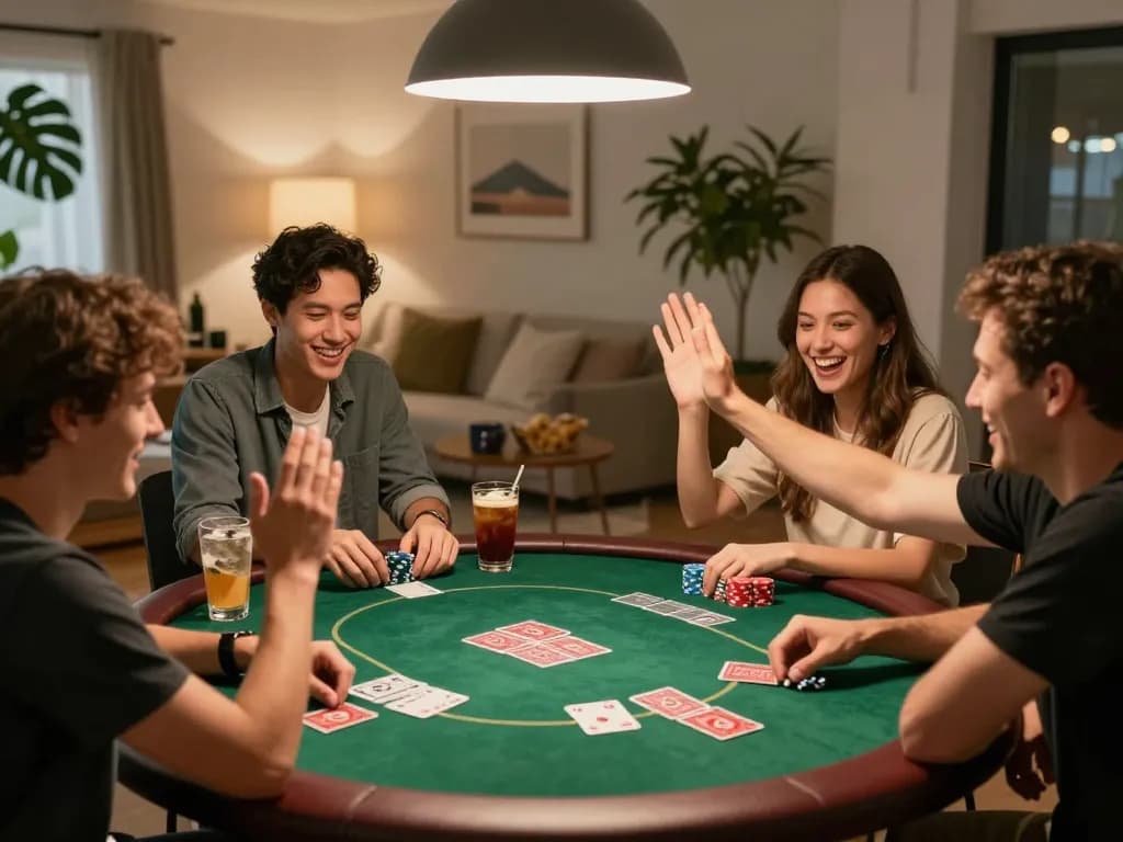 Cucu777 players enjoying a lively poker night with chips and cards on the table, set in a warm home atmosphere