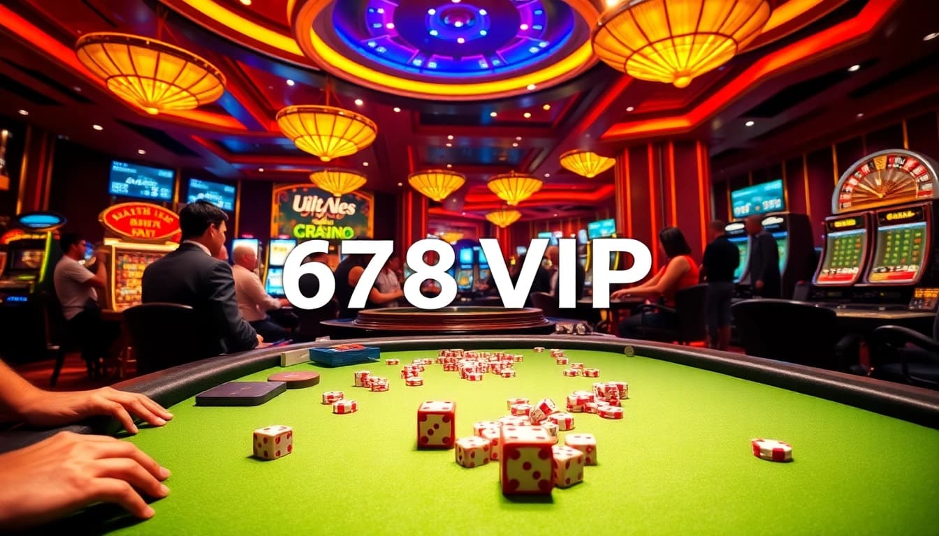 Players enjoying high-stakes poker at 678VIP casino, surrounded by vibrant slot machines.
