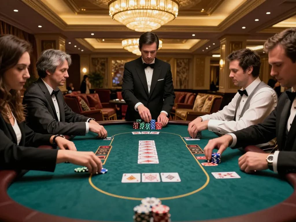 Experience thrilling poker gameplay at K8CC's luxurious table, showcasing excitement and strategy.