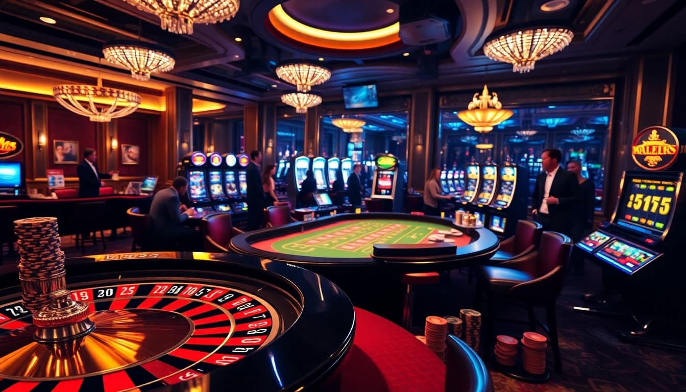 Players enjoying a thrilling game at bl555 casino with a roulette wheel and poker table.