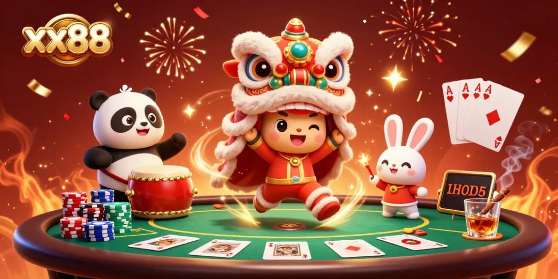 Engage in thrilling moments with xx88 as a lion dance joins a lively poker table.