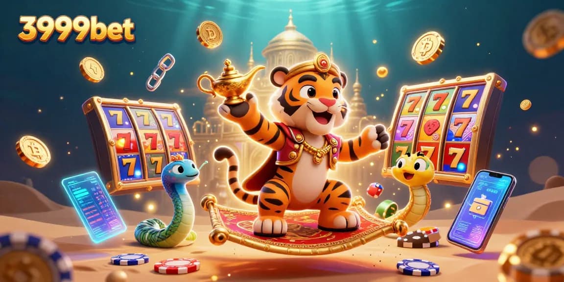 Engage with 3999bet's thrilling gaming on a flying carpet with vibrant slot reels and treasure.