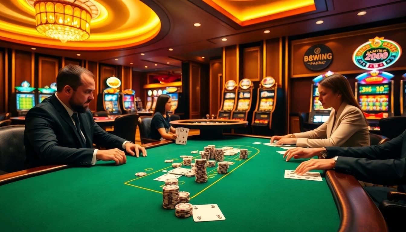 Entrants at a blackjack table strategize their moves in the upscale casino environment of 98win98.