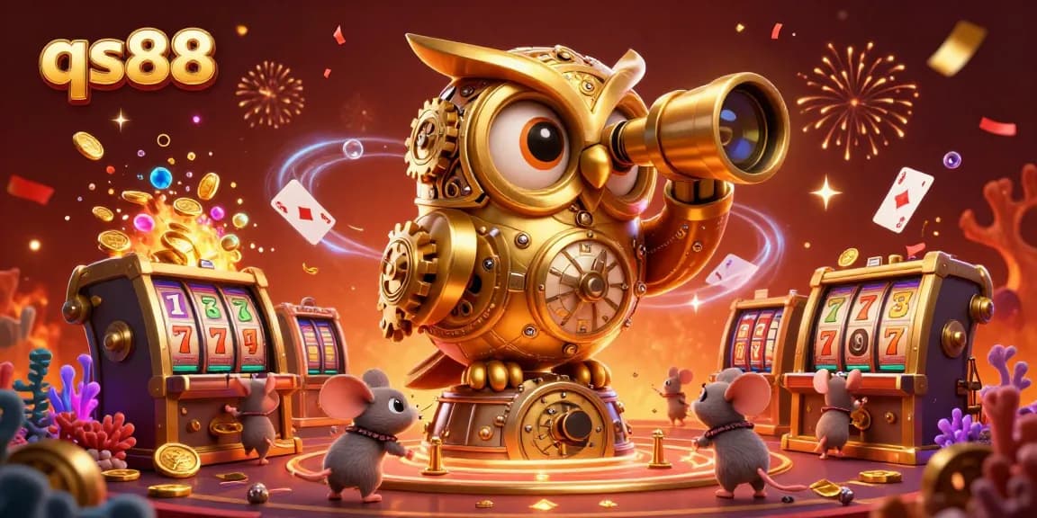 Engage in thrilling slots at qs88 with a vibrant 3D illustration of a golden owl and mouse patrons amid explosive treasures.