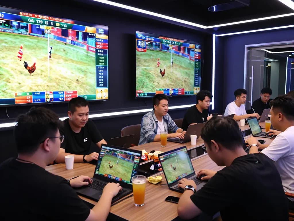 Engaged players at GA179 placing live bets on cockfighting events, showcasing vibrant atmosphere and real-time gaming excitement.