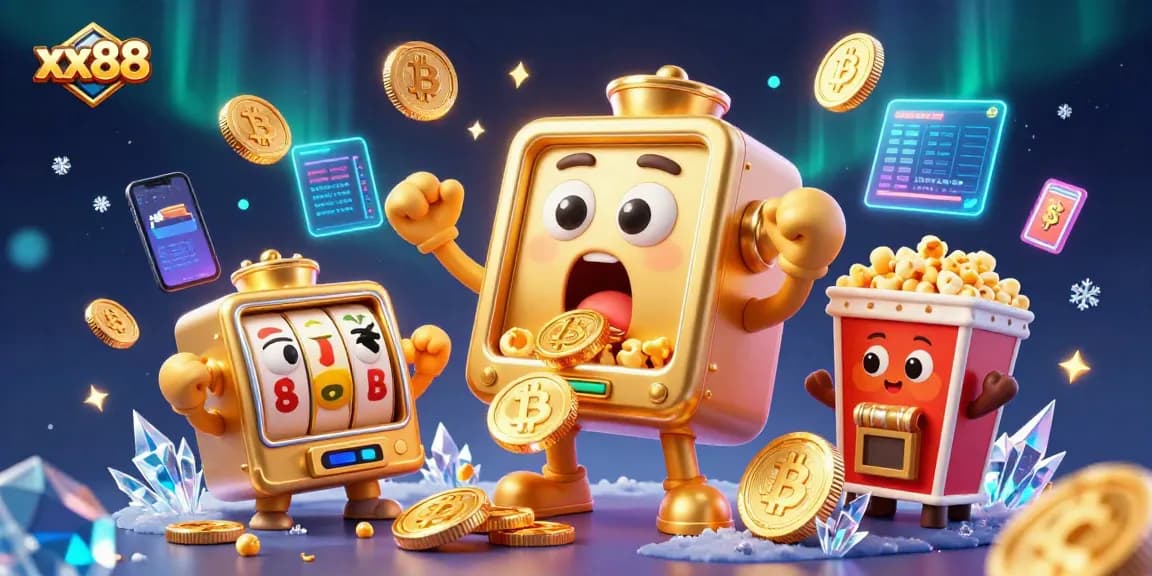 Spin to win with xx88 in this vibrant slot machine celebration scene full of winning coins!