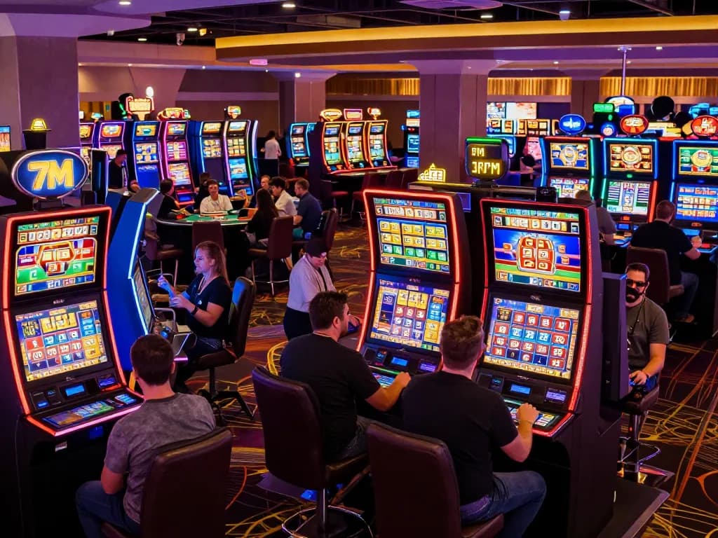 Players engaging at colorful slot machines, experiencing thrilling 7M jackpots in dynamic casino atmosphere