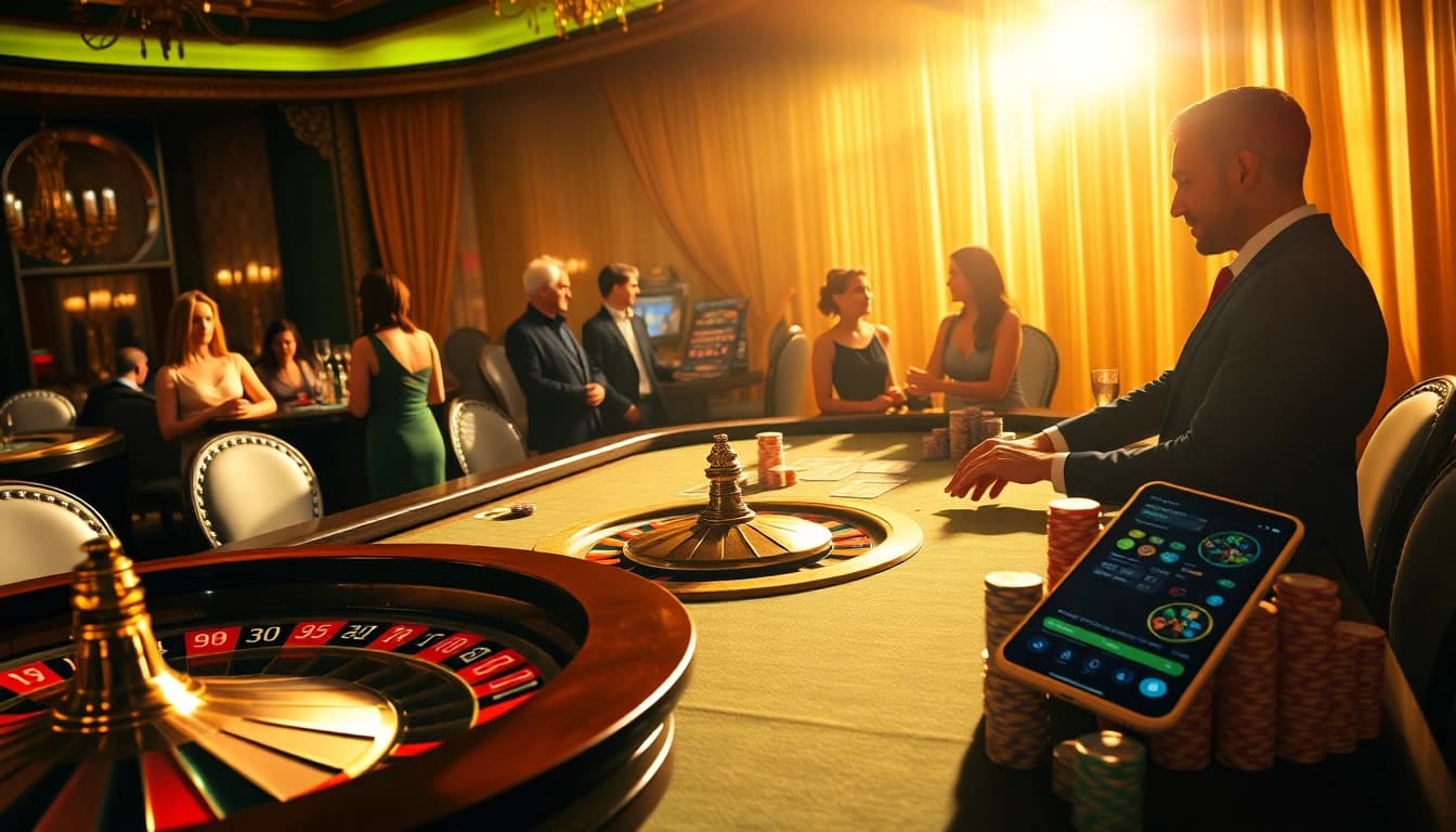 Experience the thrill of sunwin at a vibrant casino table filled with colorful poker chips and a spinning roulette wheel.