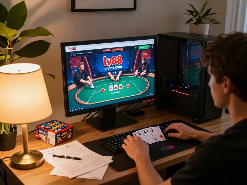 Playing poker on lv88 com via modern gaming setup in a relaxed home environment