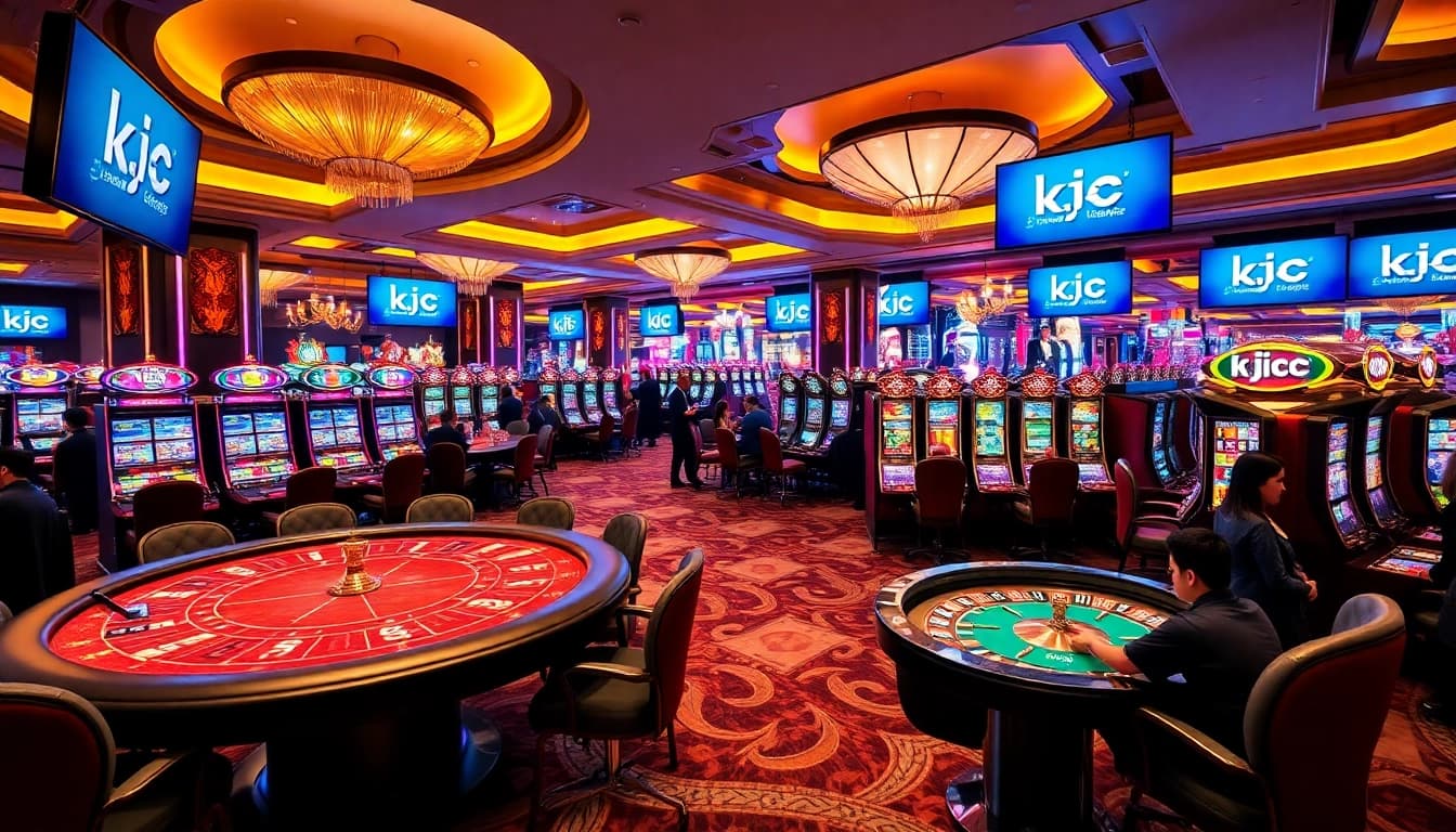 KJC casino gaming floor featuring poker tables, roulette wheels, and vibrant slot machines.