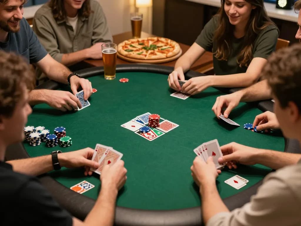 Friends playing poker at home during a B52 Club gaming night, showcasing strategy and fun atmosphere.