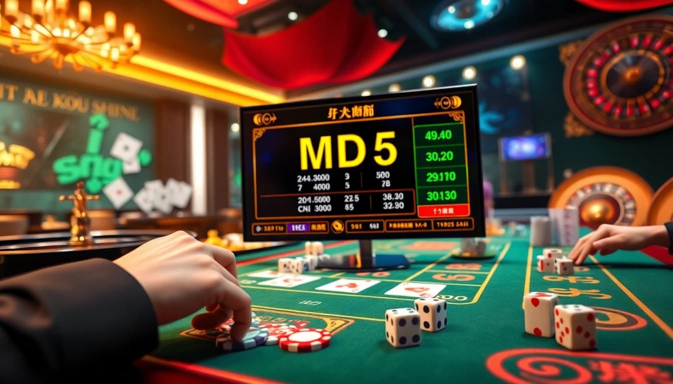 Experience Tài xỉu MD5 in a luxurious online casino setting, showcasing vibrant gaming elements and player engagement.