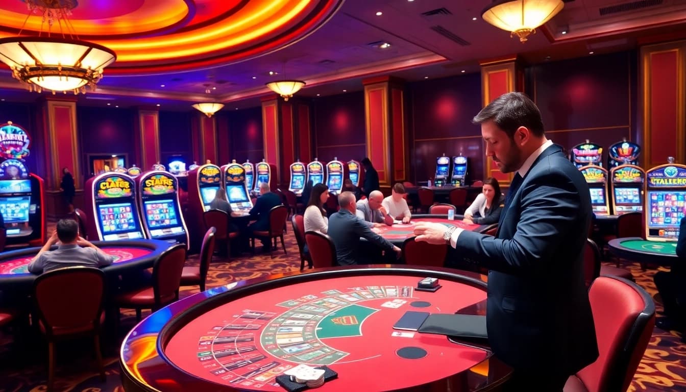 Exciting gambling scene featuring casino tables at MM88.London with vibrant colors and engaging players.