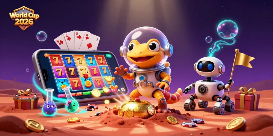 World Cup 2026 themed 3D illustration of a Martian gecko discovering a golden casino with colorful slot games.