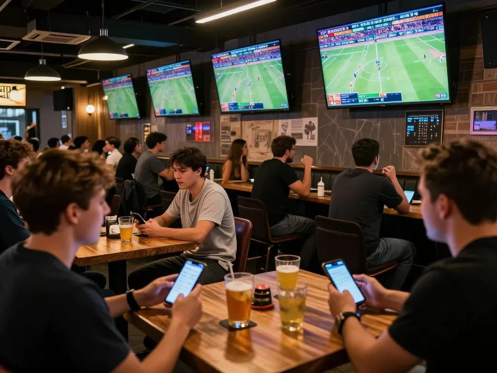 Bsport users engaged in thrilling sports betting action at a lively bar with multiple screens showcasing games.