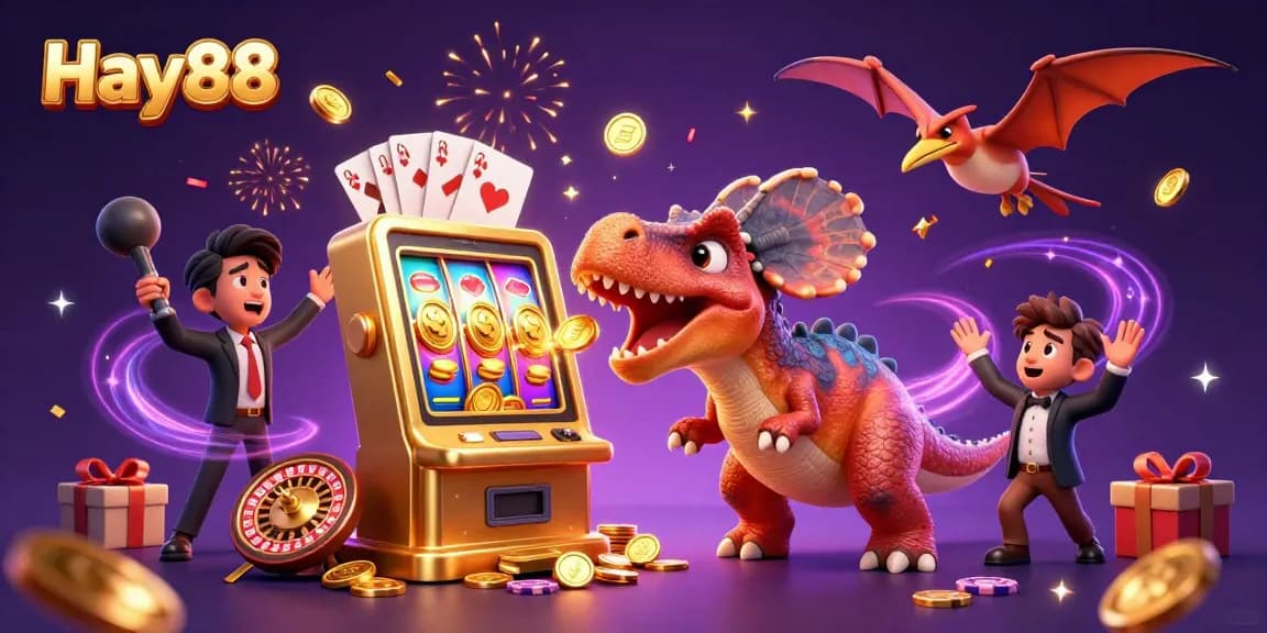 Hay88 pachycephalosaurus hitting a jackpot slot machine in a colorful casino scene with coins flying.