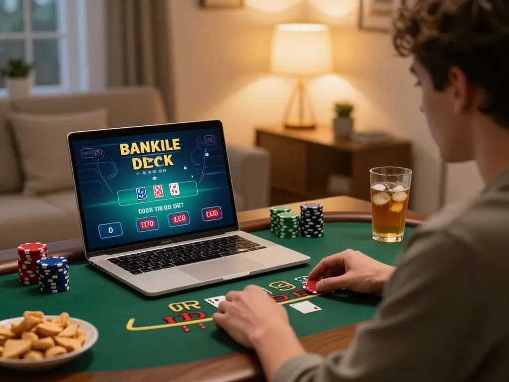 Player enjoying blackjack online at 789WIN with strategy notes nearby, cozy atmosphere