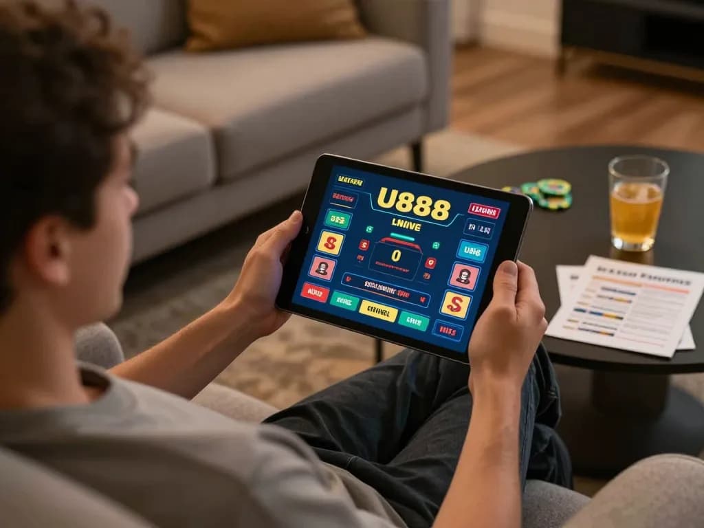 Engaging user experience on U888 with a cozy online gaming setup and tablet gameplay.