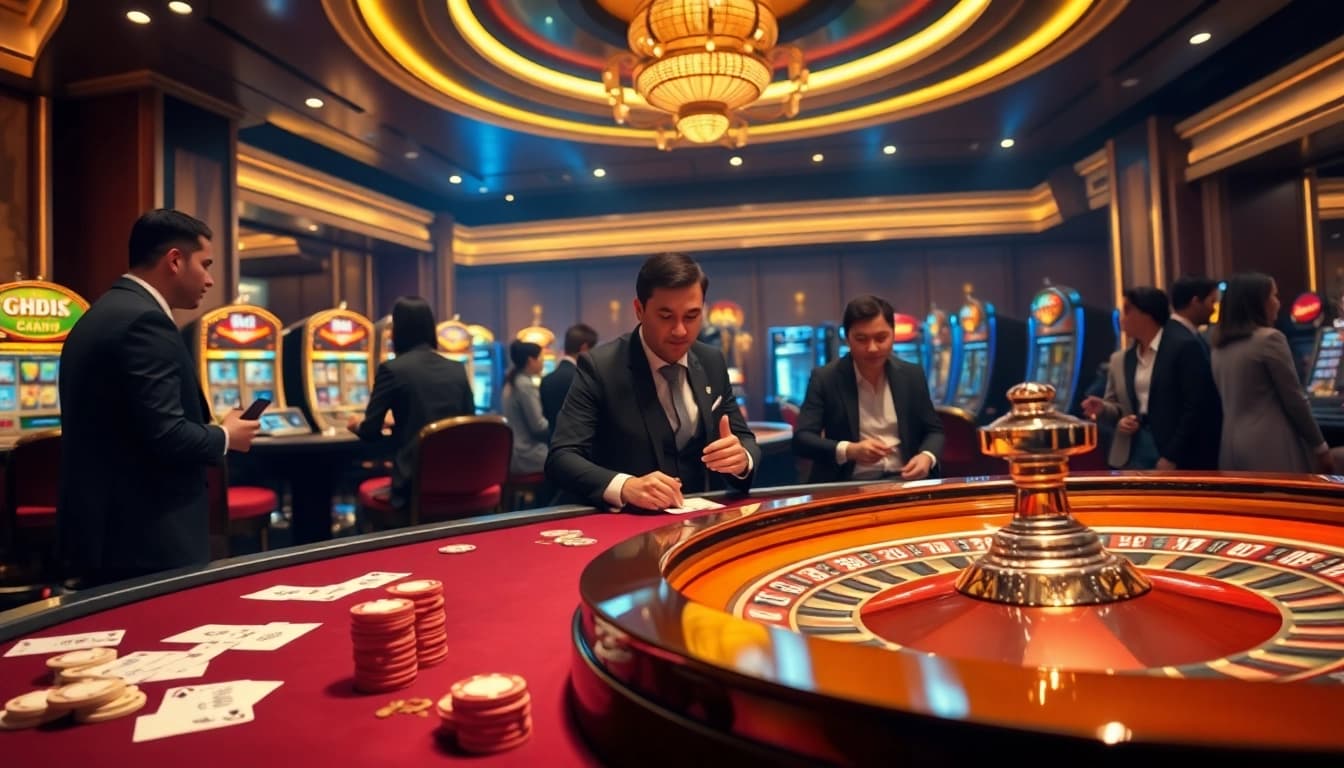 Engaged players enjoying CM 88 at a vibrant casino table with colorful chips and cards