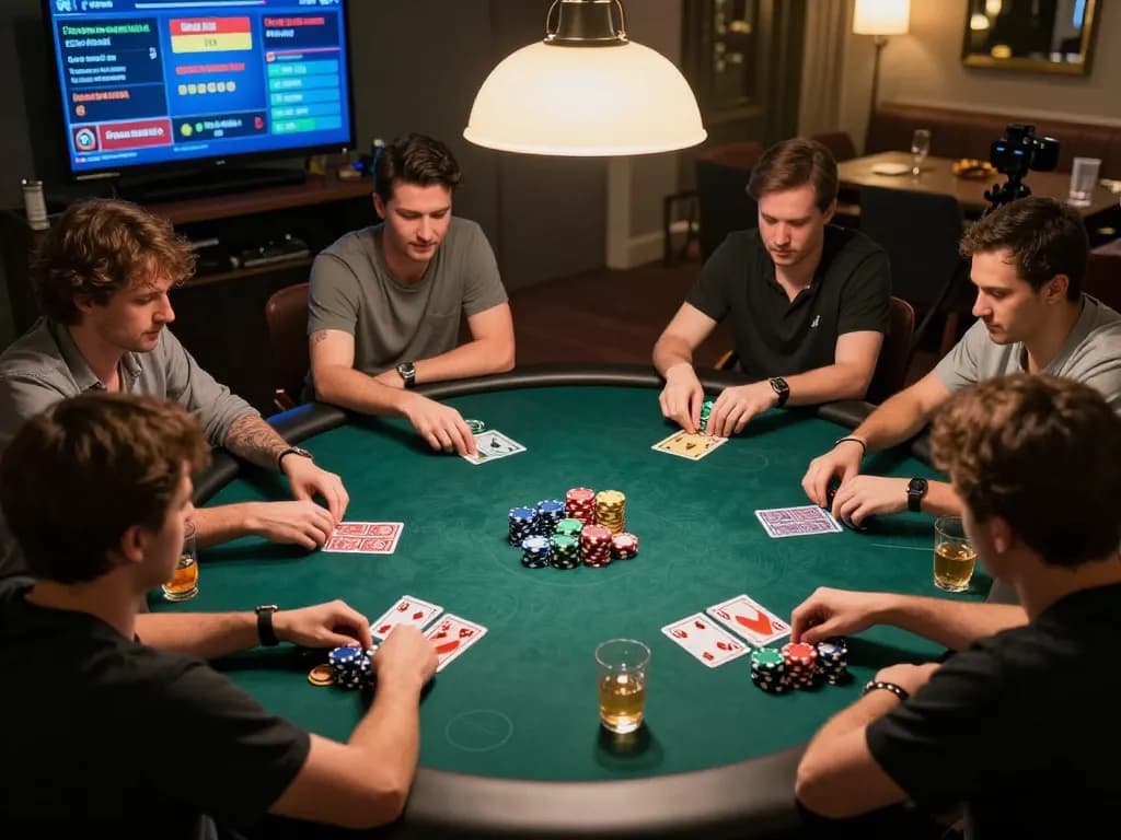 Players at a poker table engage in strategic gameplay while enjoying snacks and drinks, showcasing uu88me as a social gambling experience.
