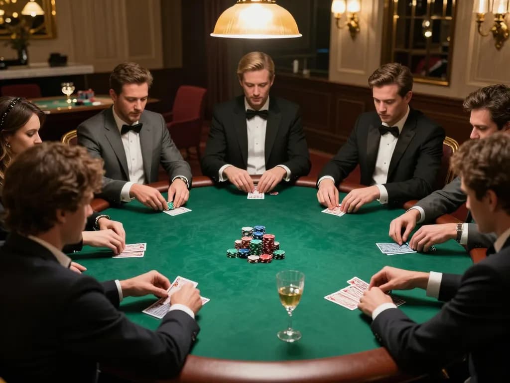 Players enjoy a strategic poker game in luxurious private room, showcasing bu88 atmosphere and competitive engagement.