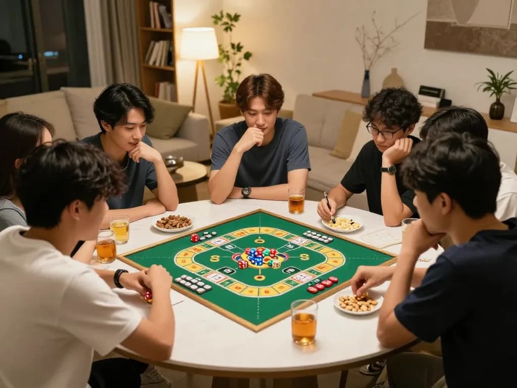 Tài xỉu online game in a friendly home setting with players enjoying snacks and drinks.