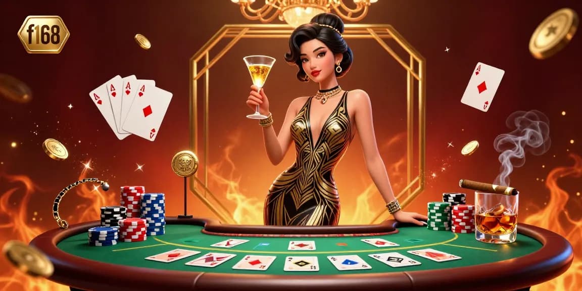 Experience the thrill at f168 with a glamorous casino scene shared by a sophisticated Asian woman enjoying a game of chance.