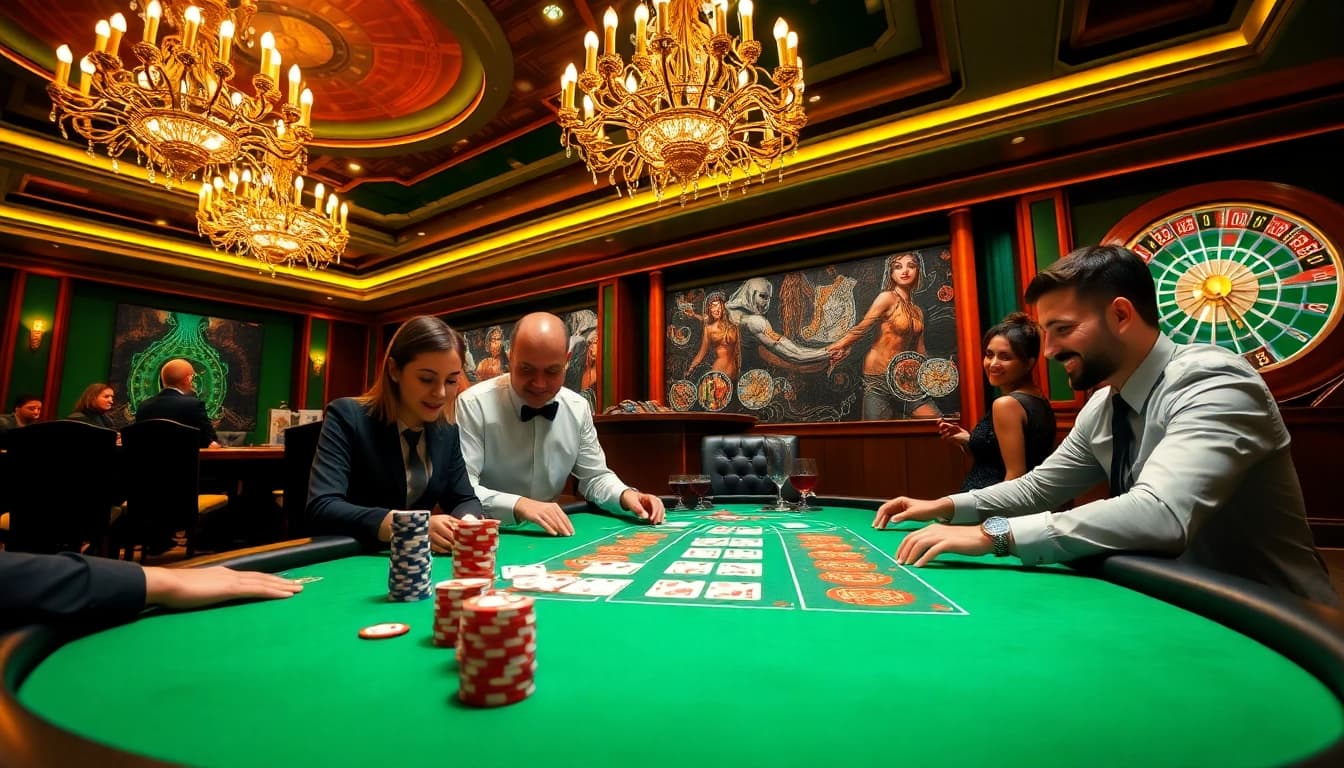 Engaged players at a luxurious GG88 bet poker table with vibrant casino elements.
