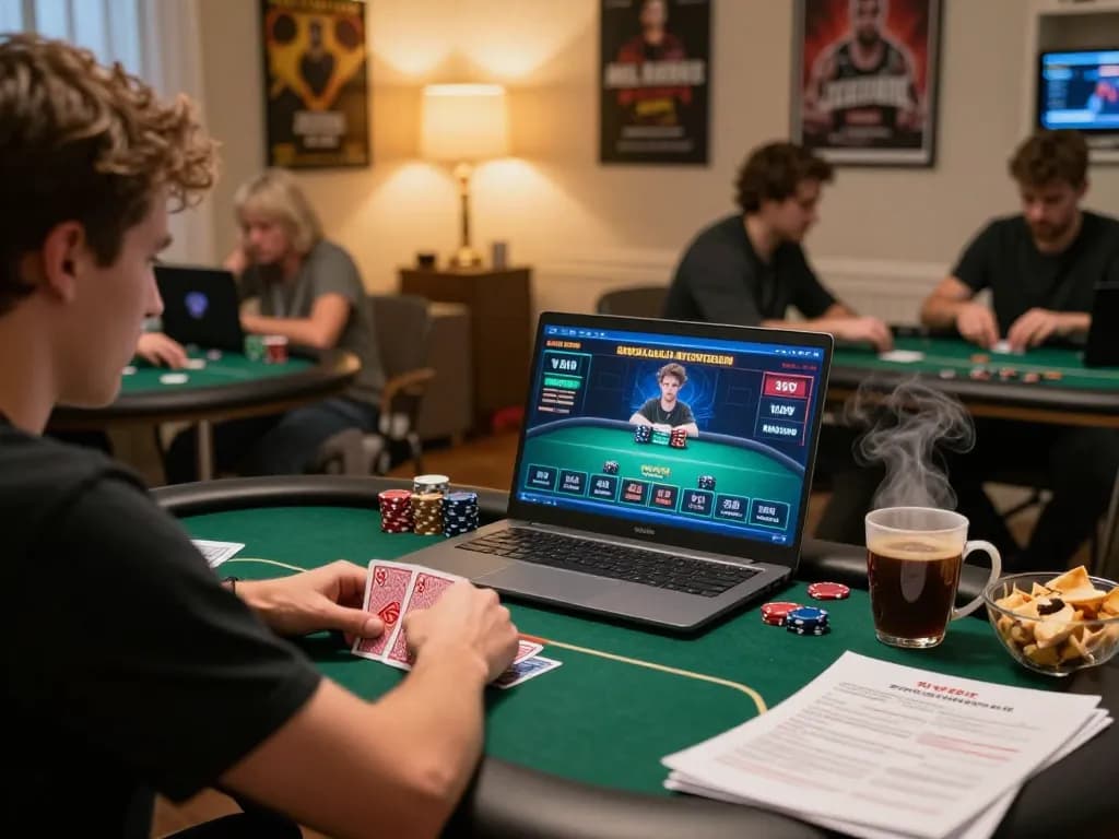 Players strategizing online poker at home with 23wincasino interface visible, showcasing a cozy gaming atmosphere.