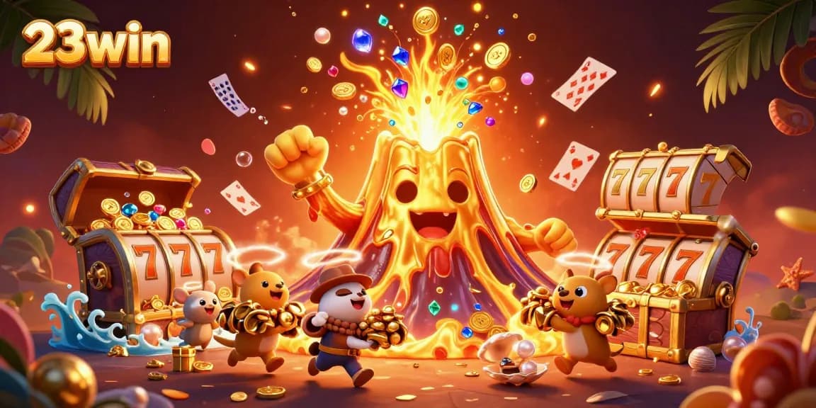 Experience thrilling moments with 23win's vibrant 3D casino illustration featuring treasures and dynamic gameplay.