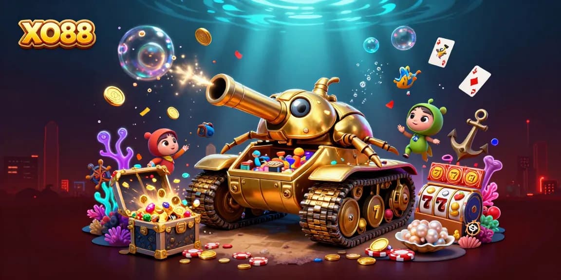 Engage in gaming thrills at XO88 with a vibrant scene featuring a casino inside a golden tank.