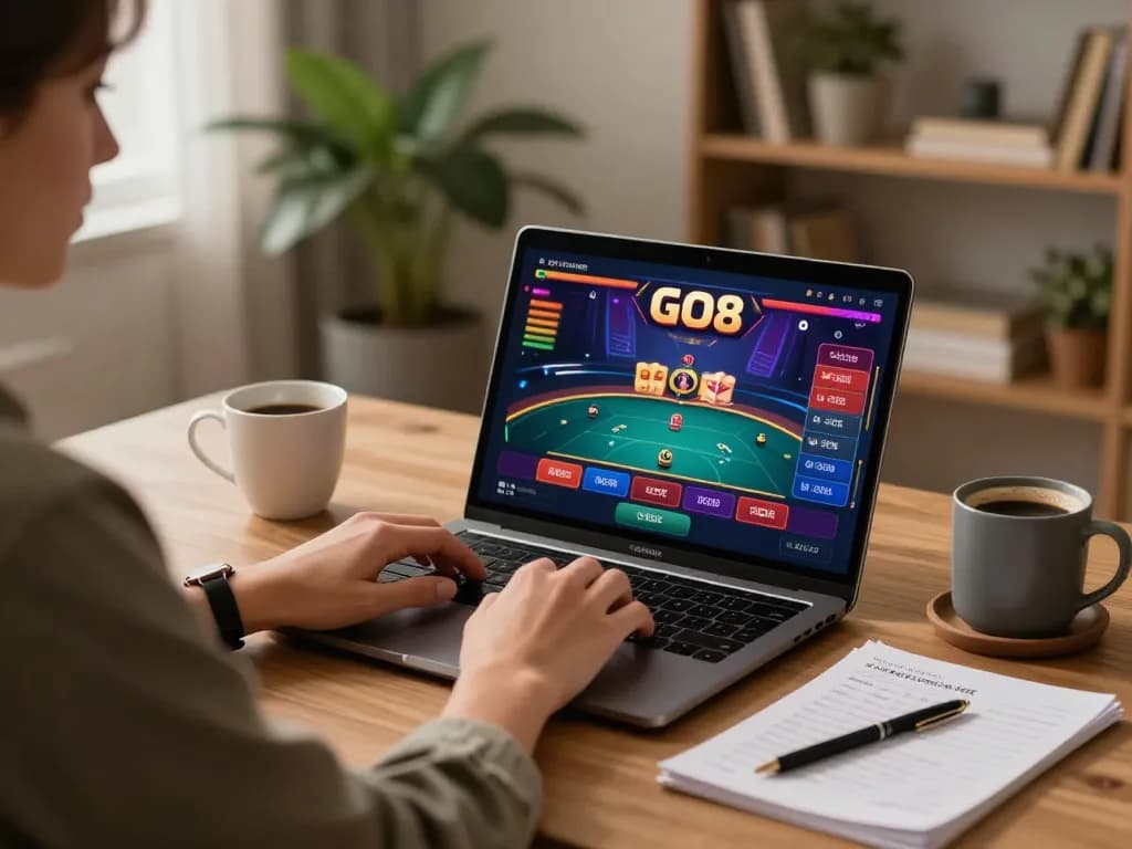 Engaging gaming experience on GO8 platform with player using laptop for online betting.