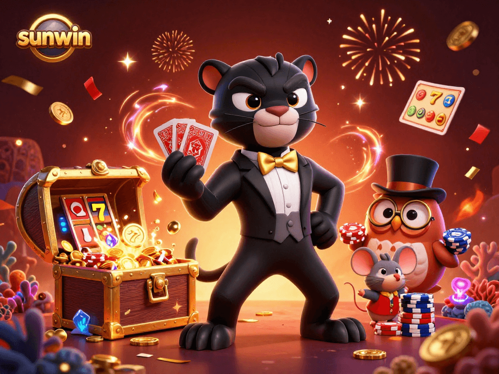 Engage with the vibrant sunwin casino scene, showcasing a panther dealer with cards, owl with chips, and explosive treasures.