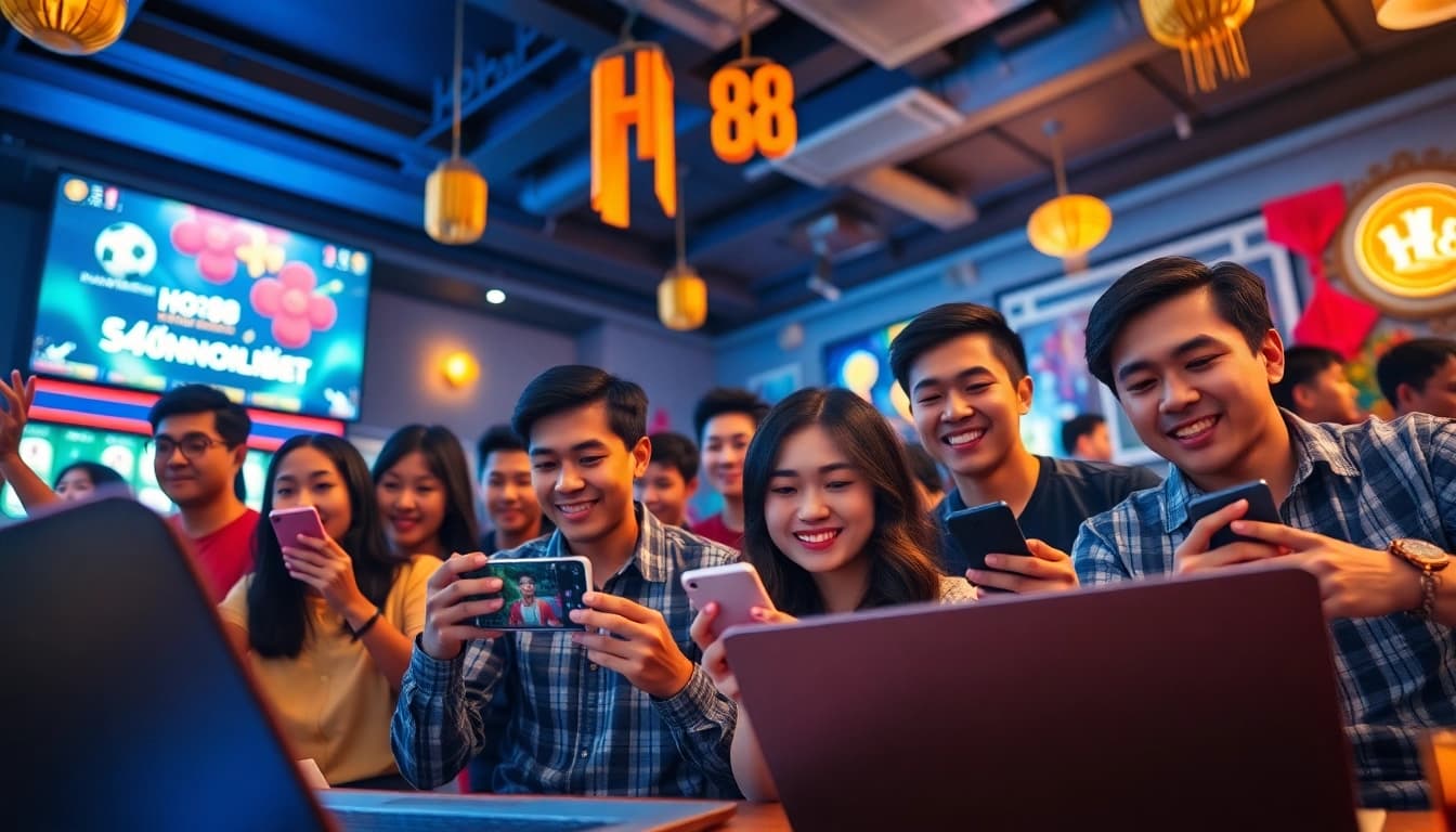Engaging scene of players enjoying Ho88 online casino with mobile devices, vibrant and welcoming.