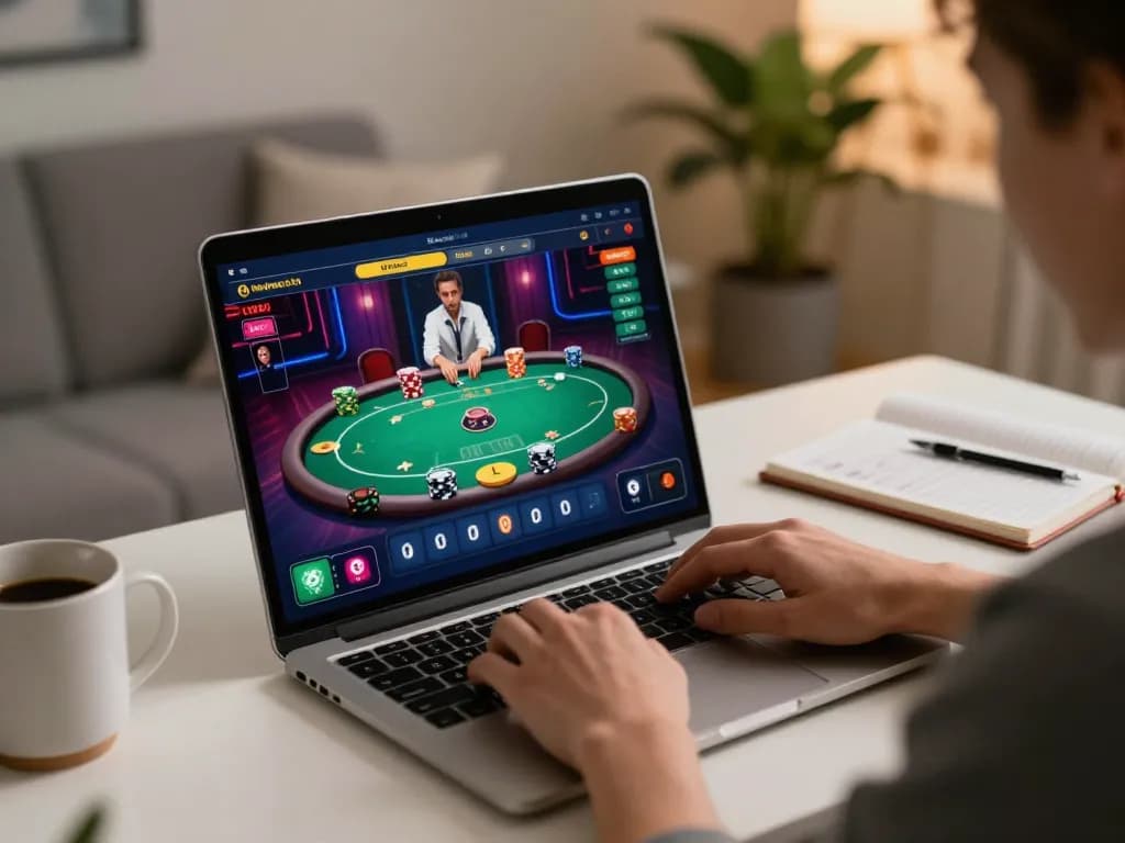 SHBET user focused on vibrant poker game interface at home, showcasing immersive online gaming