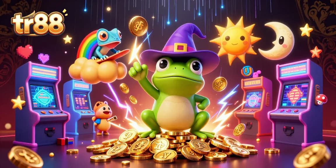 Experience the thrill of tr88 as the weather wizard frog conjures a storm of golden coins amidst vibrant casino elements.
