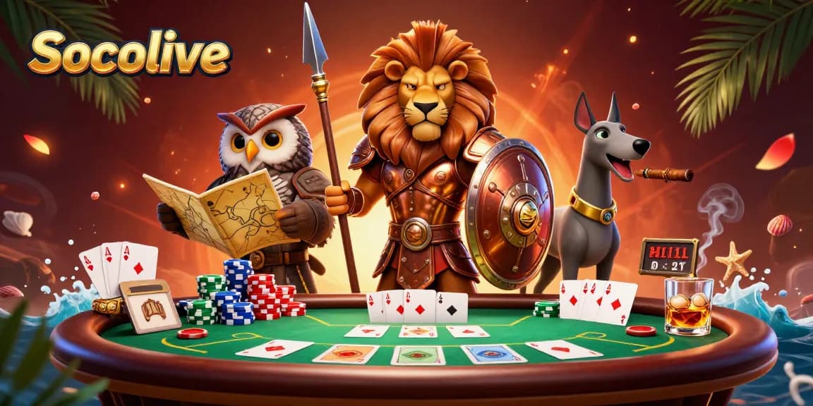 Socolive offers an engaging casino experience with characters at a poker table showcasing vibrant chips and thrilling gameplay.