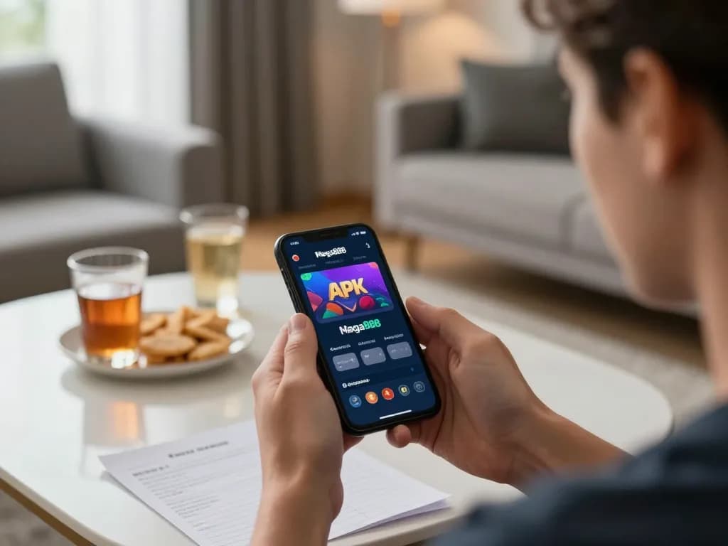Engaging gaming experience with apk mega888 app on smartphone in a cozy home setup.
