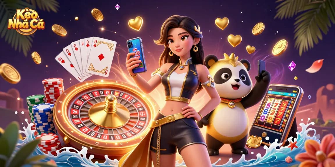 Kèo Nhà Cái illustration featuring an Asian woman with a smartphone beside a golden panda mascot, showcasing dynamic casino elements