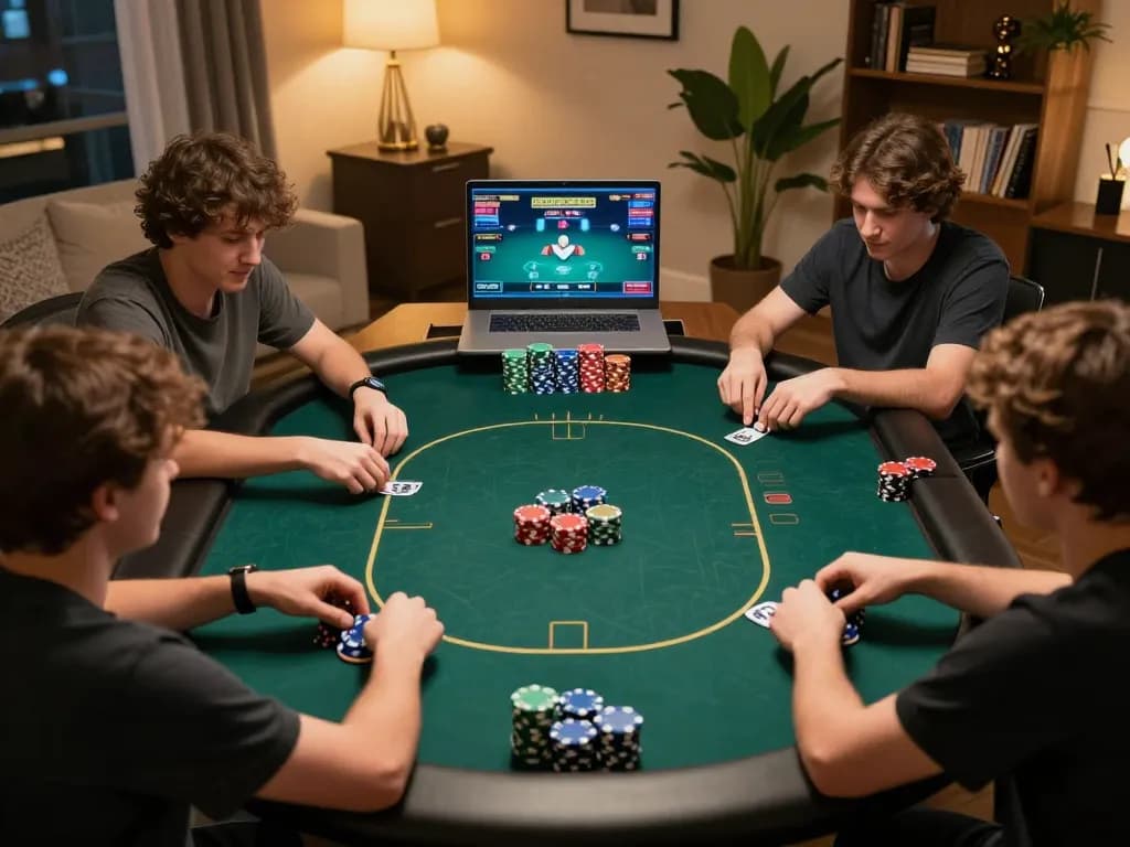 Engaging in a dynamic online poker game at home, showcasing tr88seo strategies and gameplay.