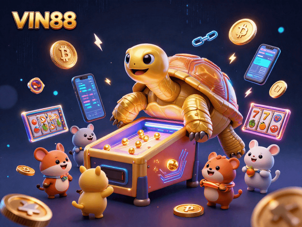 Engage with VIN88's vibrant casino world featuring golden tortoise and cryptocurrency elements.