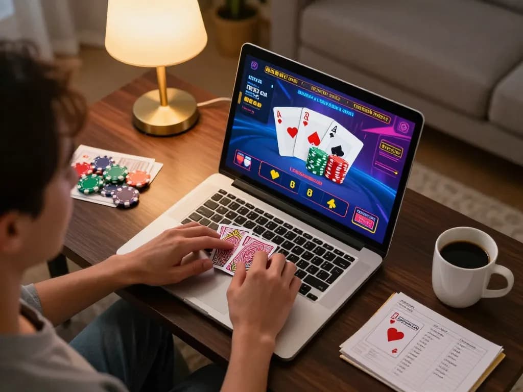 Hitclub gaming session showcasing a player immersed in online poker with vibrant cards and chips displayed.