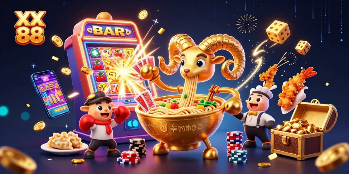 Experience the excitement of XX 88 with cartoonish giant ramen bowl dealers amidst vibrant casino action.