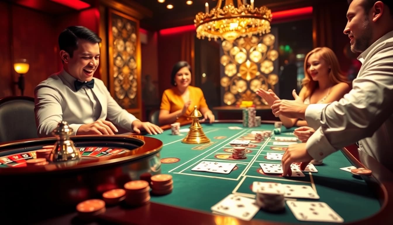 Alo789 players enjoying a thrilling session at a luxurious casino table with poker chips and roulette.