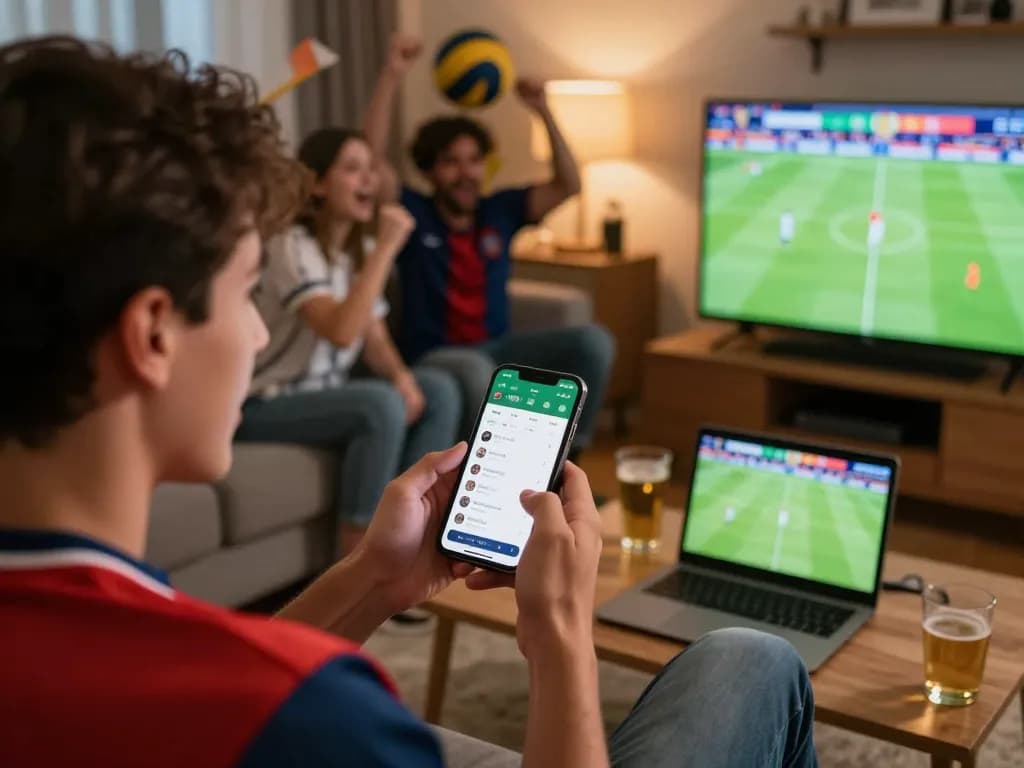 Engaged user tracking live scores and betting on bongdalu during an exciting football match with friends.